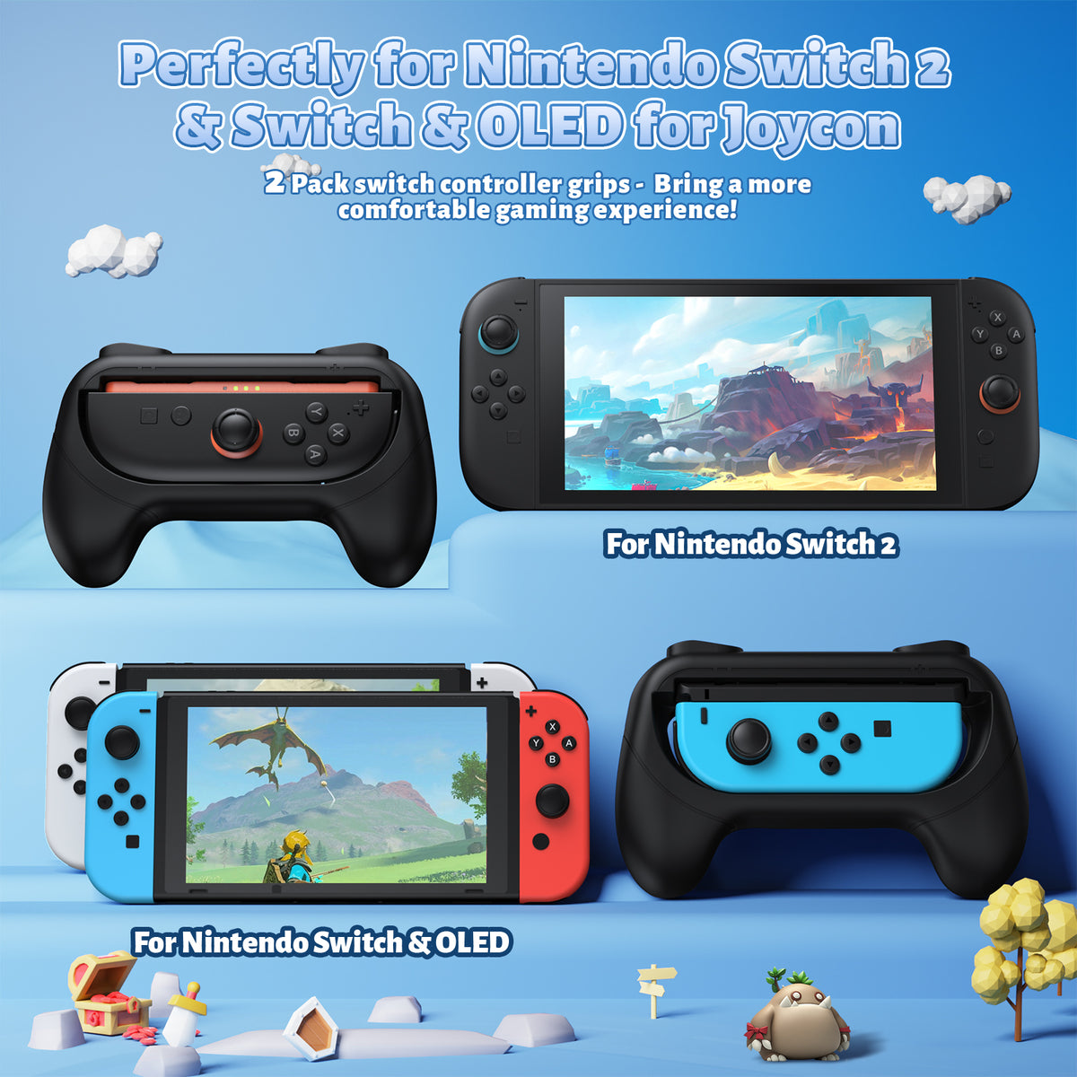 Controller Handle Grips for Switch 2, 1 & OLED (Black,Black)