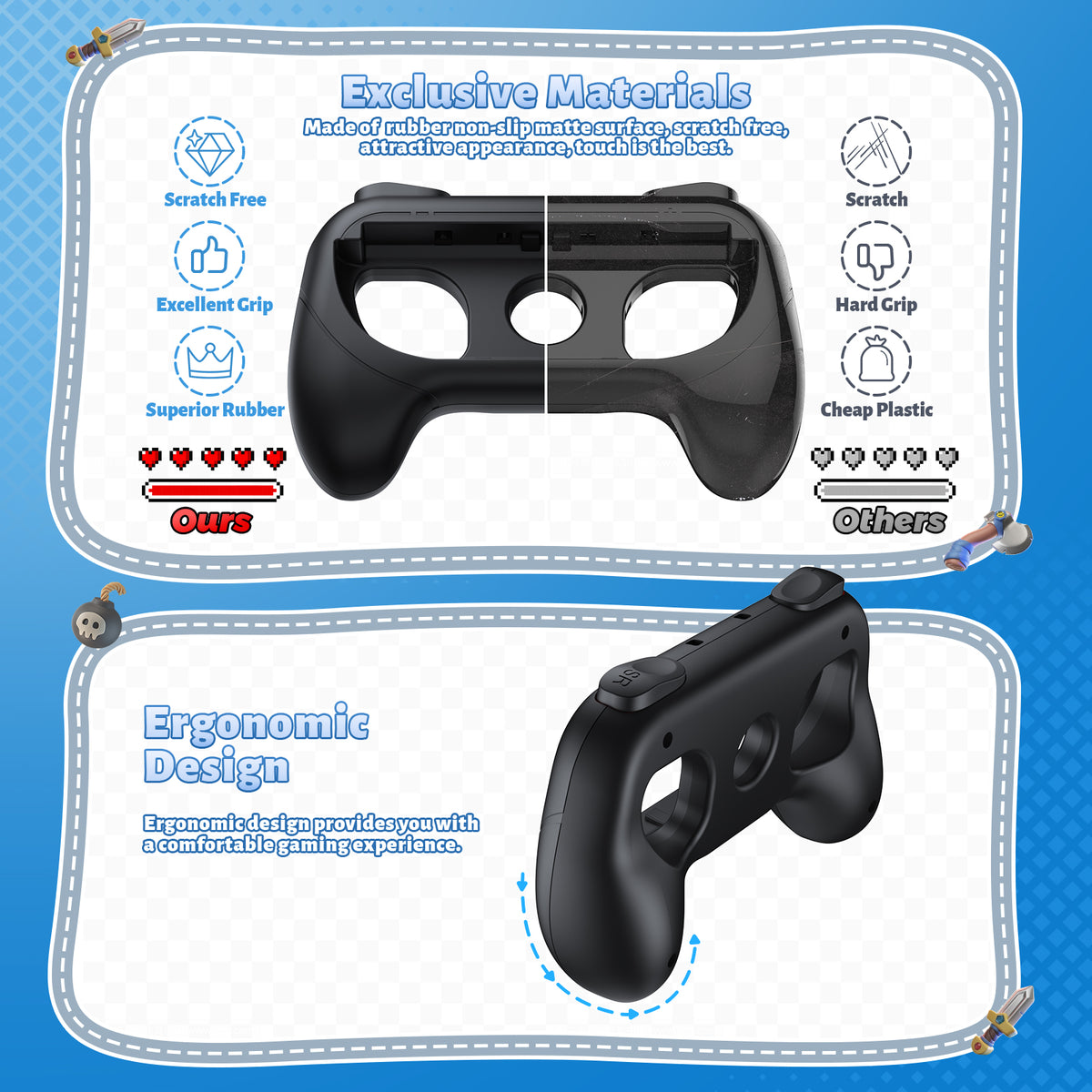 Controller Handle Grips for Switch 2, 1 & OLED (Black,Black)