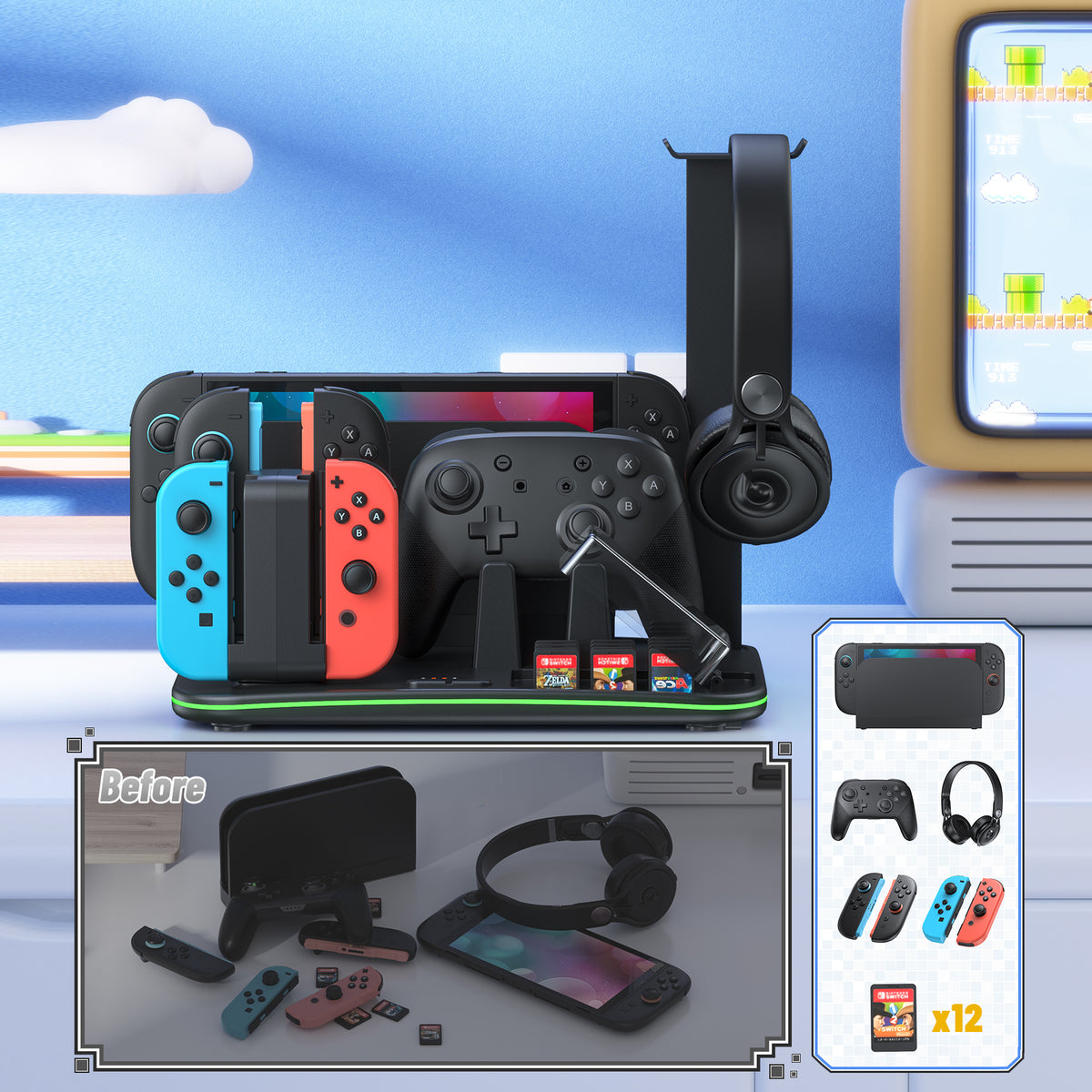 Charging Dock & Organizer with Cooling Fan for Switch 2, Switch 1 & OLED