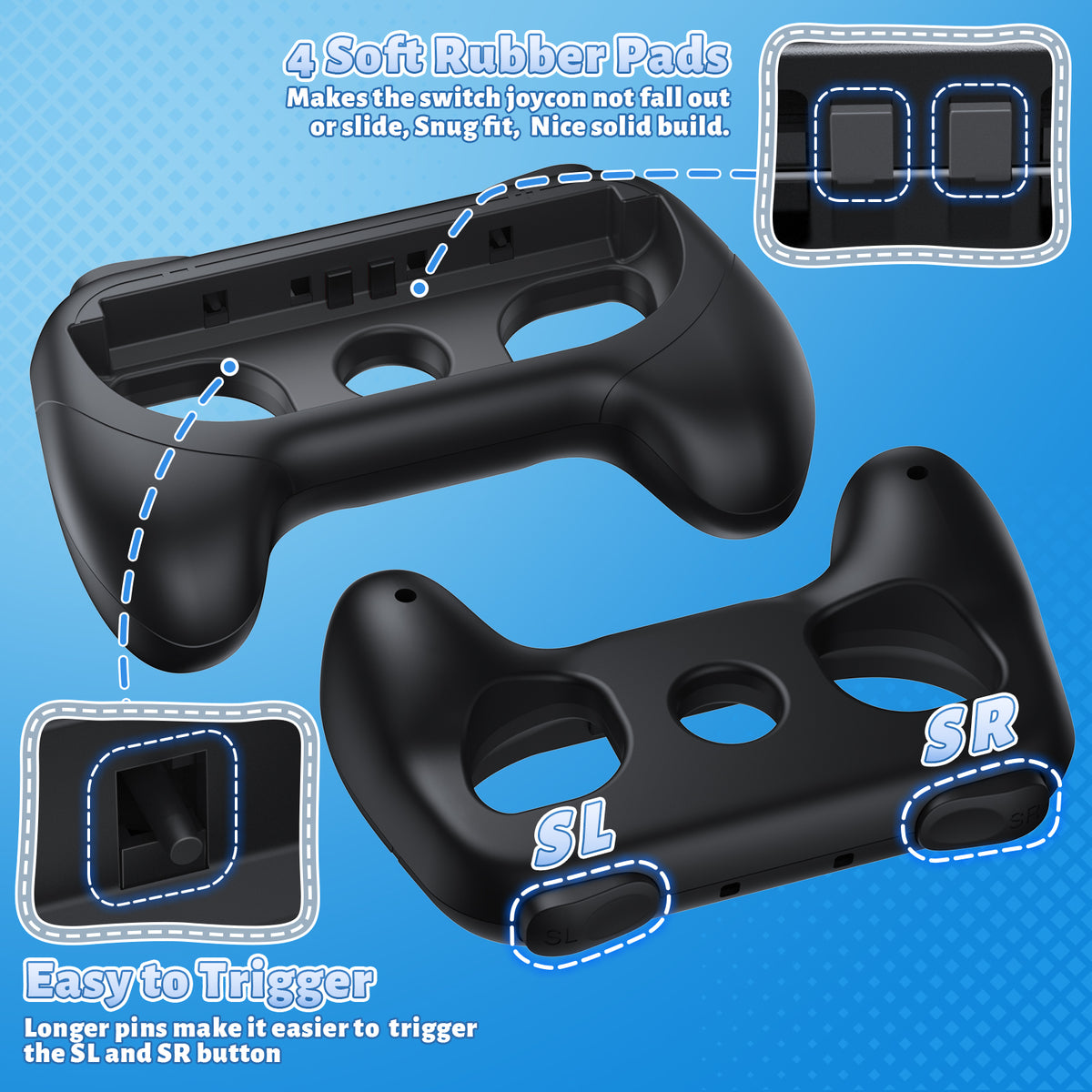 Controller Handle Grips for Switch 2, 1 & OLED (Black,Black)