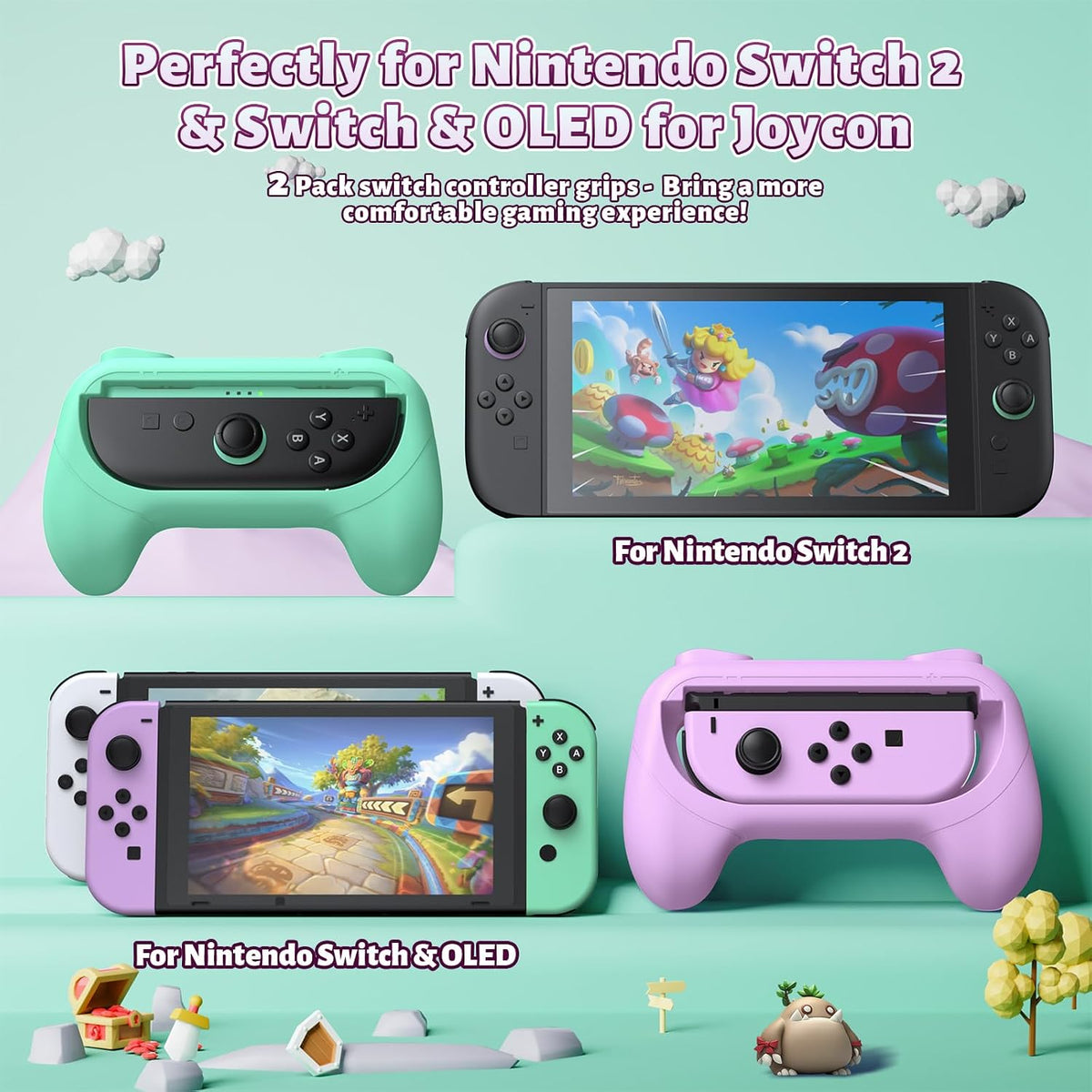 Controller Handle Grips for Switch 2, 1 & OLED (Light Purple, Light Green)