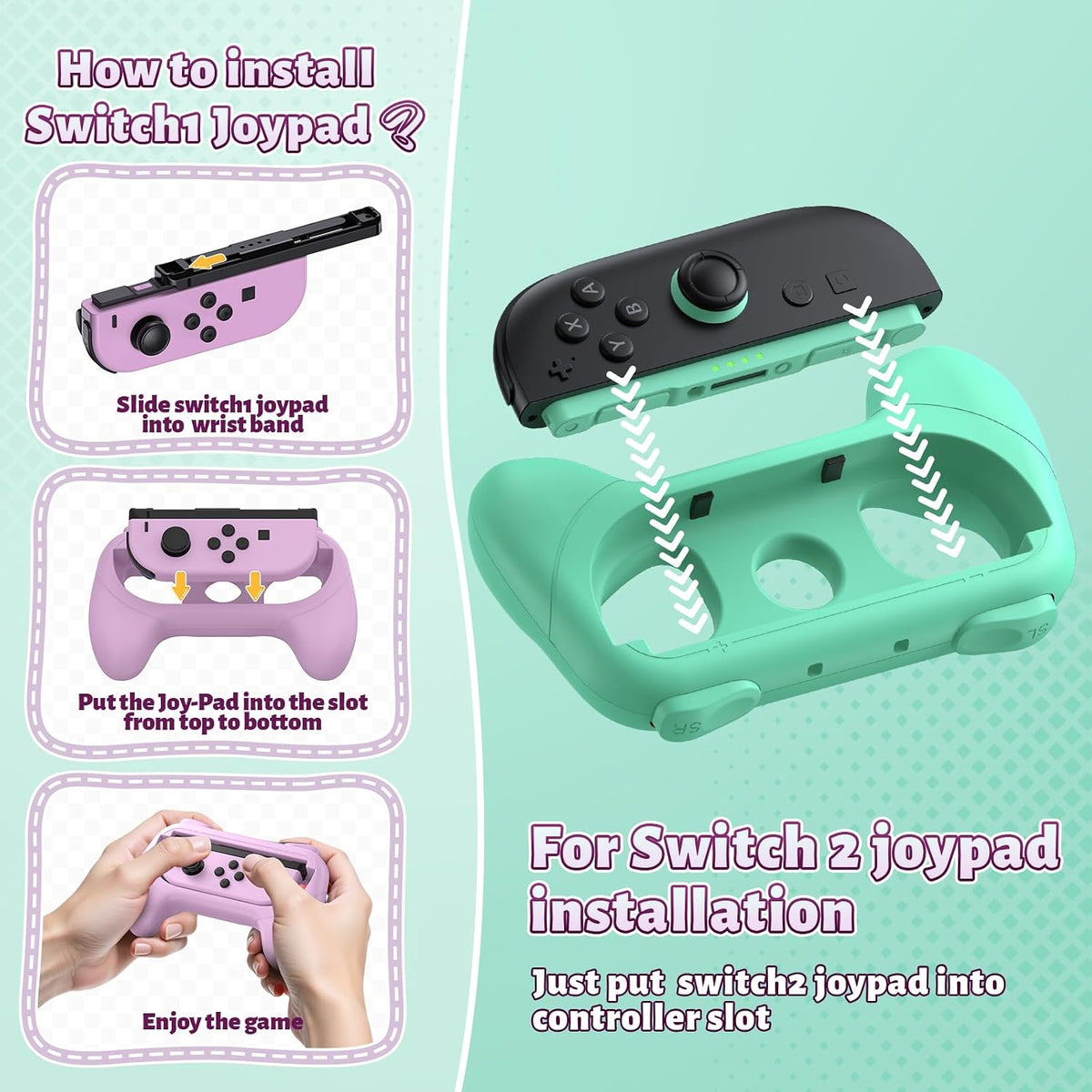 Controller Handle Grips for Switch 2, 1 & OLED (Light Purple, Light Green)