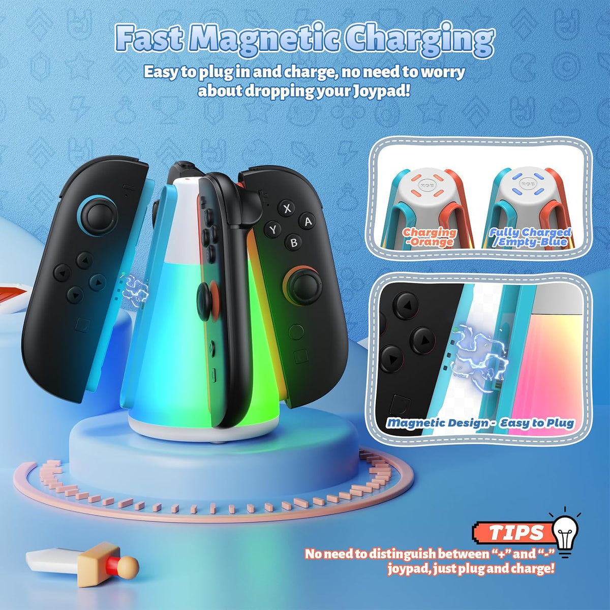 4-in-1 Magnetic Controller Charging Dock for Switch 2 with RGB Lights