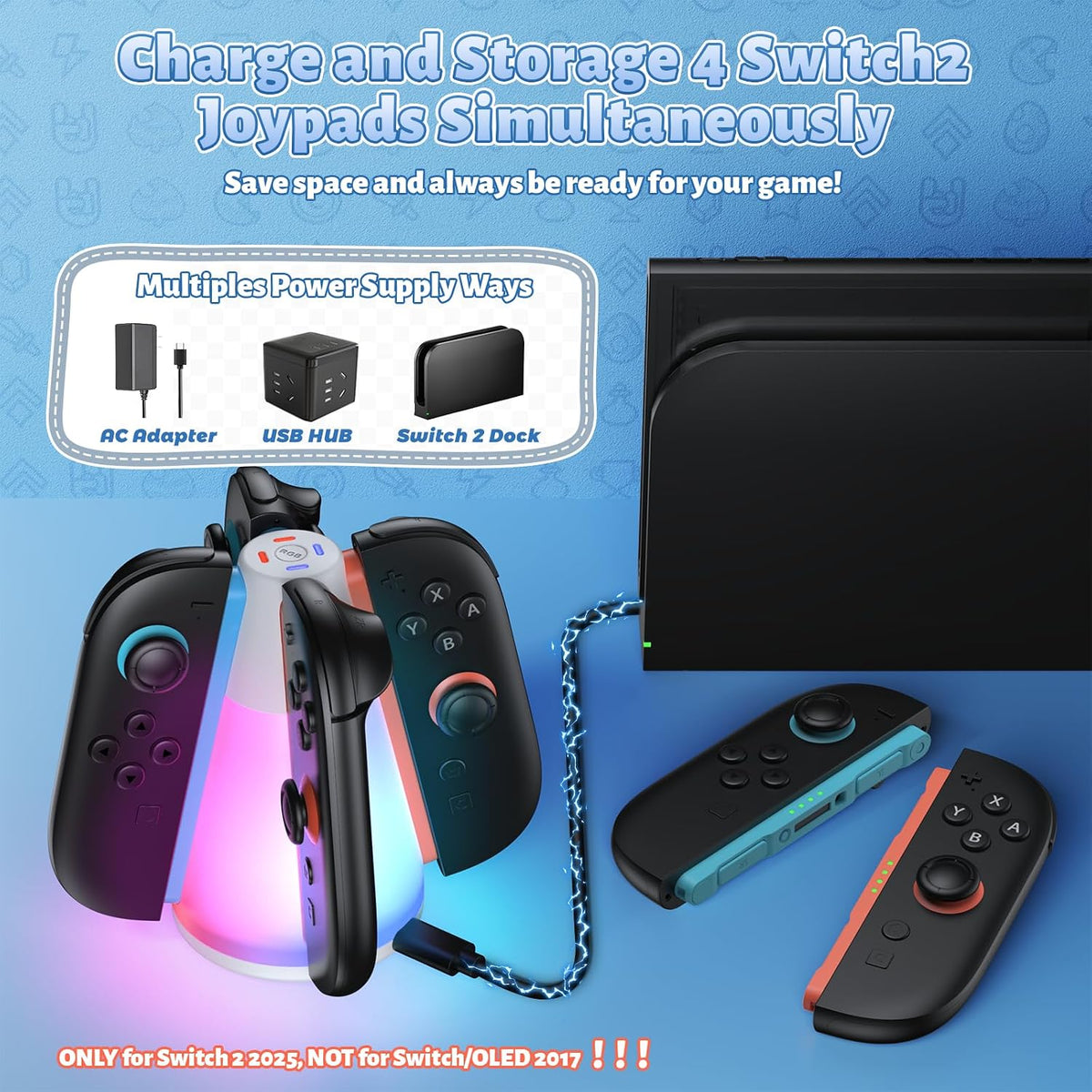 4-in-1 Magnetic Controller Charging Dock for Switch 2 with RGB Lights