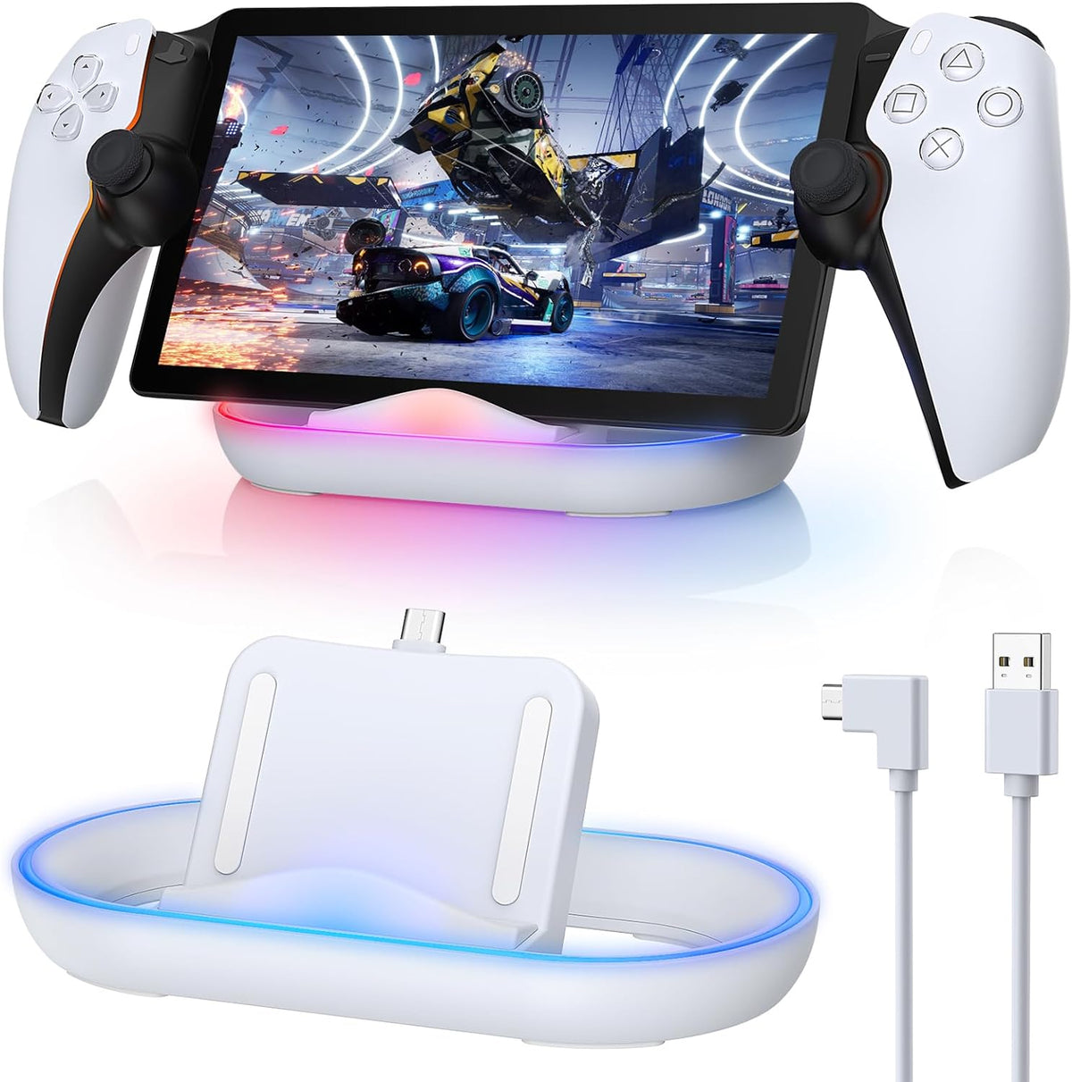 Charging Stand for PS Portal Remote Player, Portable Charge Dock Station with 14 RGB Light Modes and Type-C Cable, Charge Base Holder Accessories for Playstation 5 Portal Console (White)