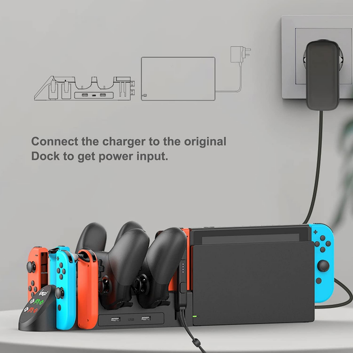 FastSnail Charging Dock Compatible with Nintendo Switch Pro Controllers and for Joy Cons & OLED Model for Joycon,Multifunction Charger Stand for Switch with 2 USB 2.0 Plug and 2.0 Ports