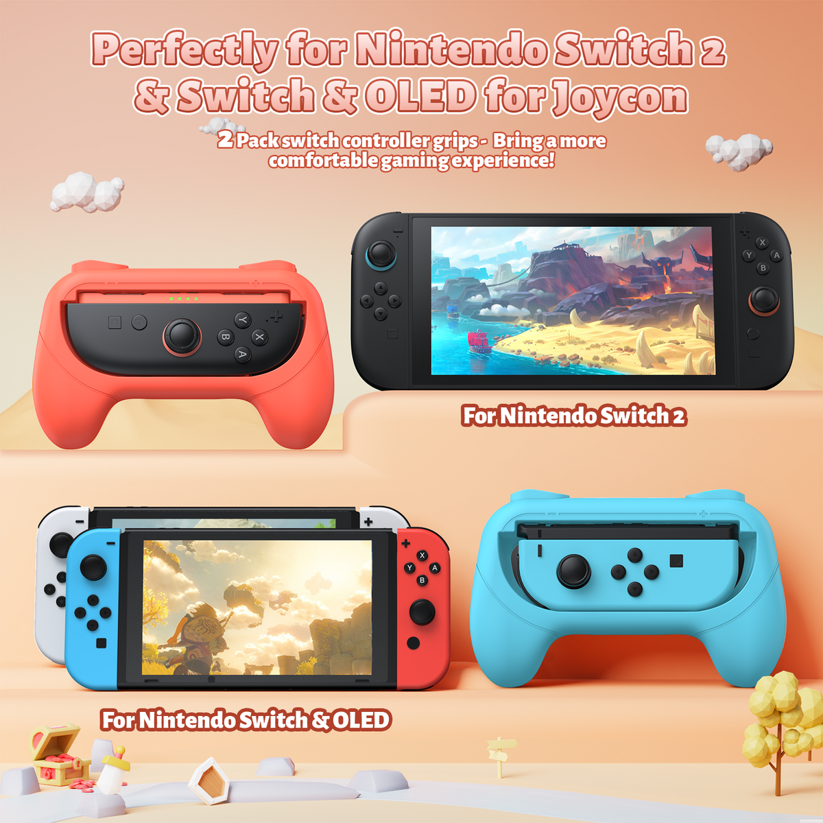Controller Handle Grips for Switch 2, 1 & OLED (Blue,Orange)