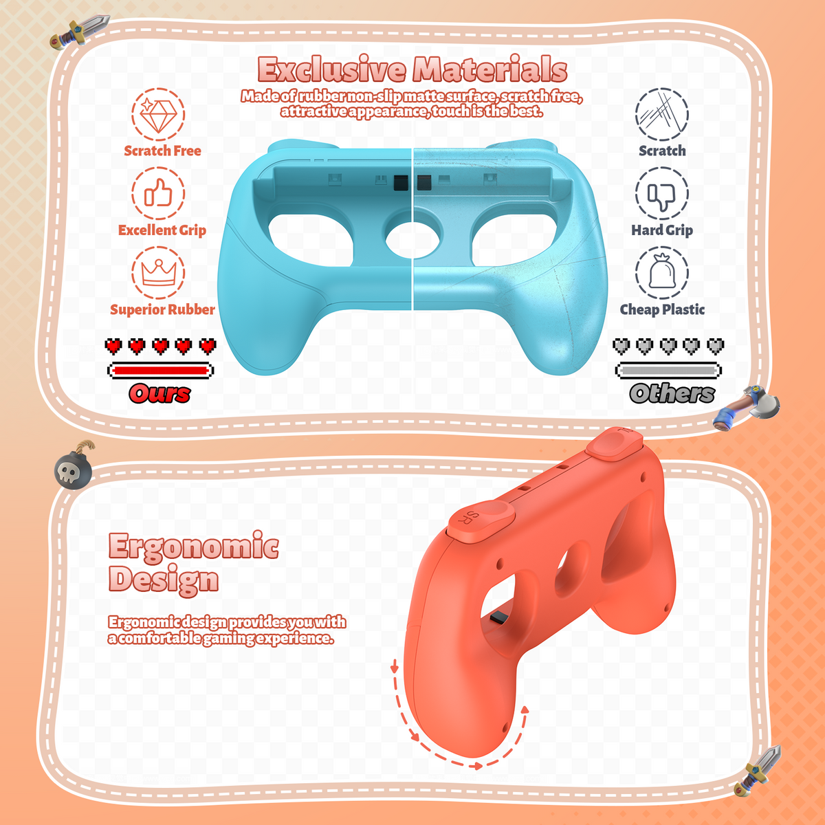 Controller Handle Grips for Switch 2, 1 & OLED (Blue,Orange)