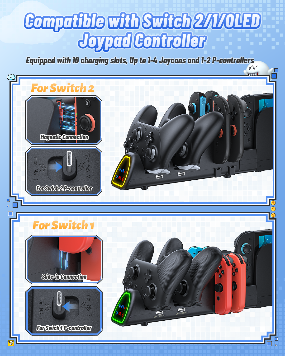 10-in-1 Controller Charging Dock for Switch 2 & 1 with RGB Lights