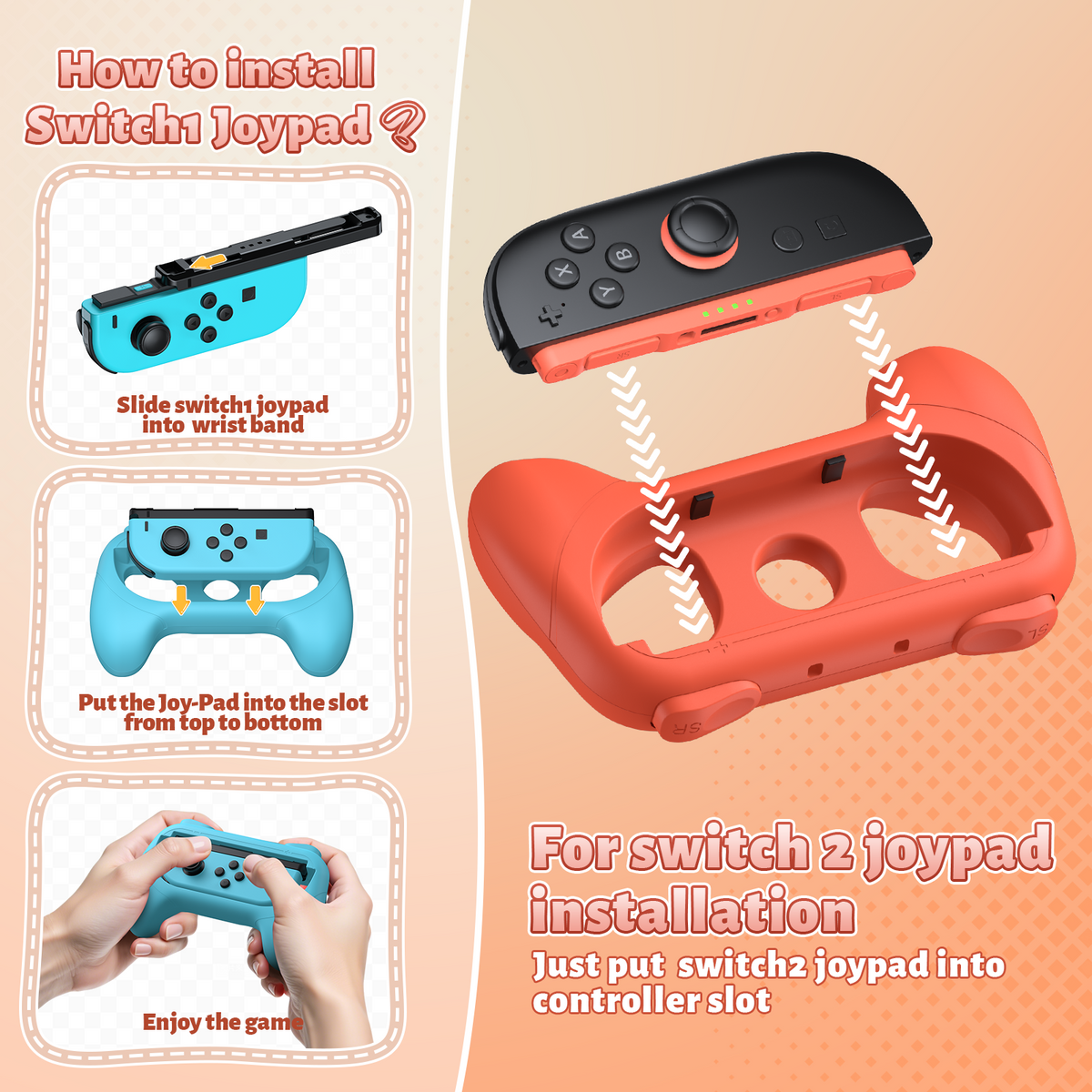 Controller Handle Grips for Switch 2, 1 & OLED (Blue,Orange)