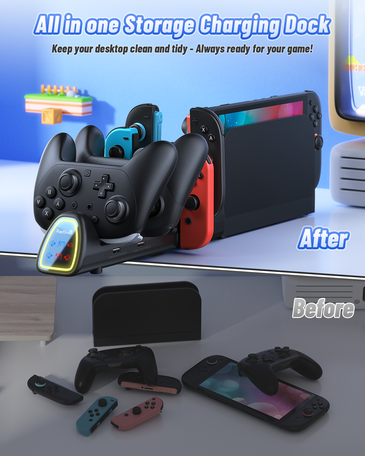10-in-1 Controller Charging Dock for Switch 2 & 1 with RGB Lights