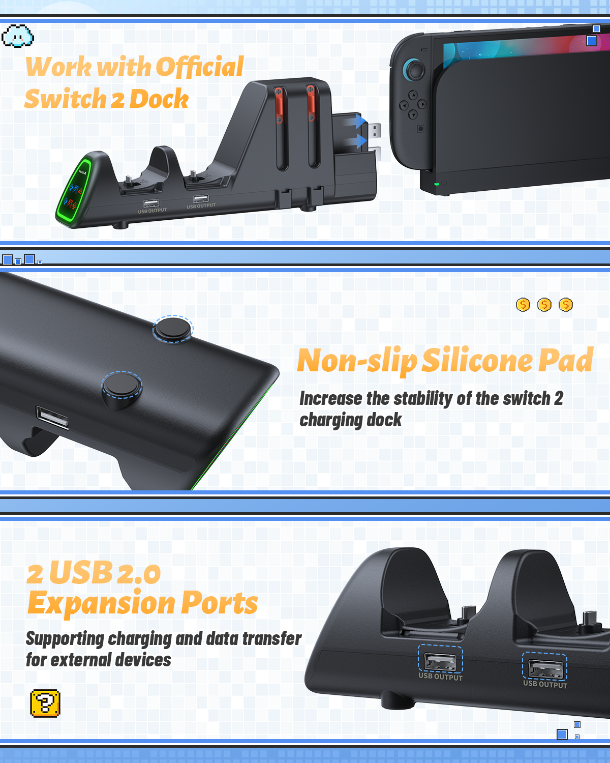 10-in-1 Controller Charging Dock for Switch 2 & 1 with RGB Lights
