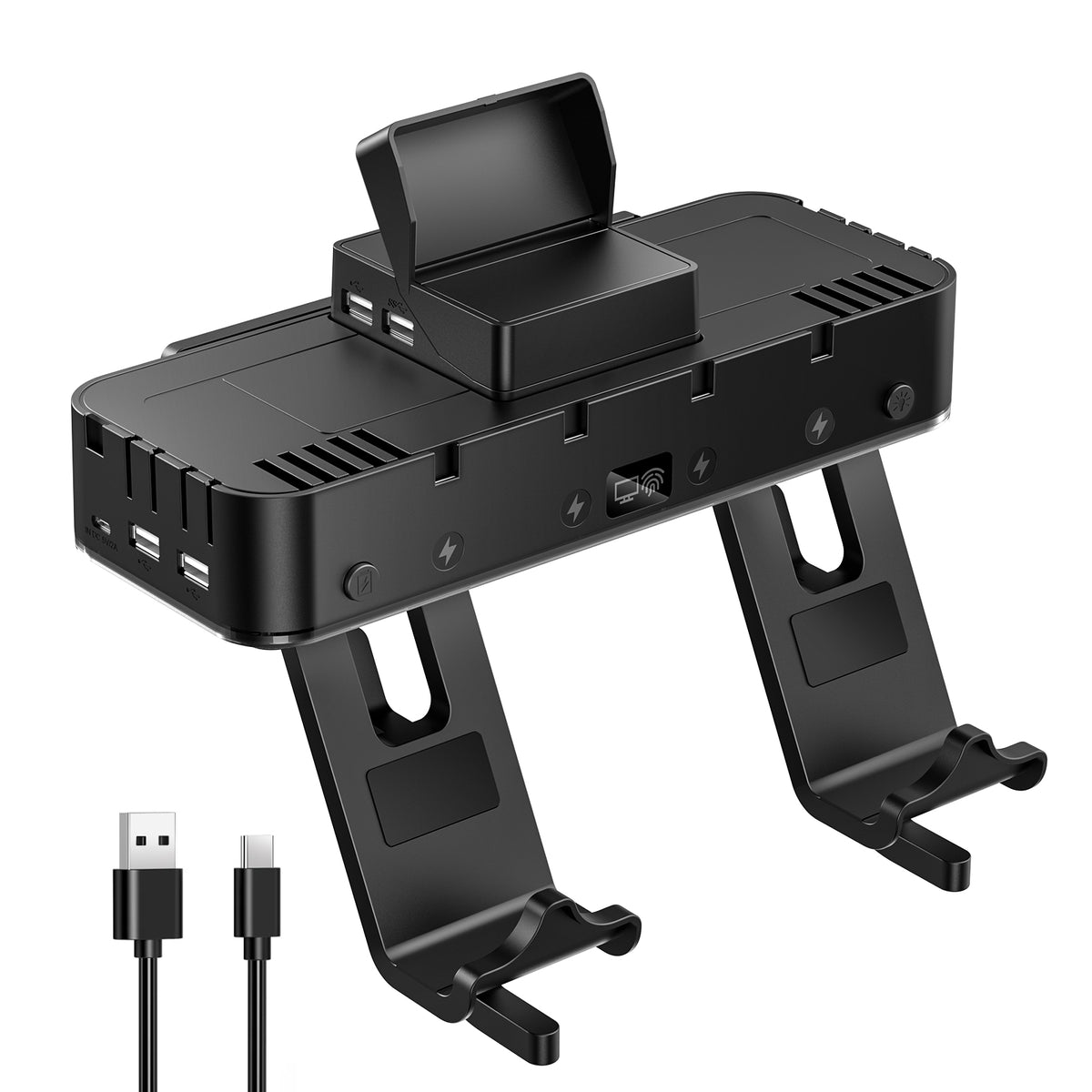 RGB Switch Wall Mount for Joy-Con Charger, Switch Holder for Nintendo Switch / OLED with Switch Organizer, Switch Accessories with 15 Light Mode, 4 Controller Charger, 2 USB Port, 10 Card Slot